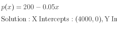 The p(x)=200-0.05x is X Intercepts: (4000,0),Y Intercepts: (0,200)